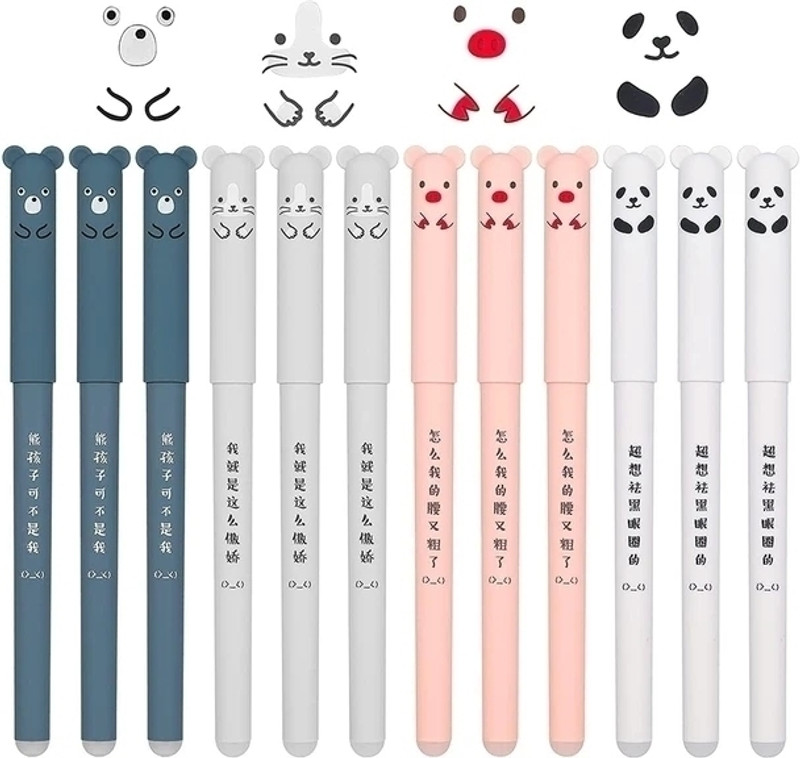 Cute Animal Erasable Gel Pens 0.5mm Blue, 12 Pack