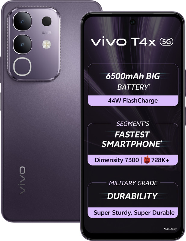 vivo T4x 5G Smartphone – 128GB/6GB RAM, Pronto Purple